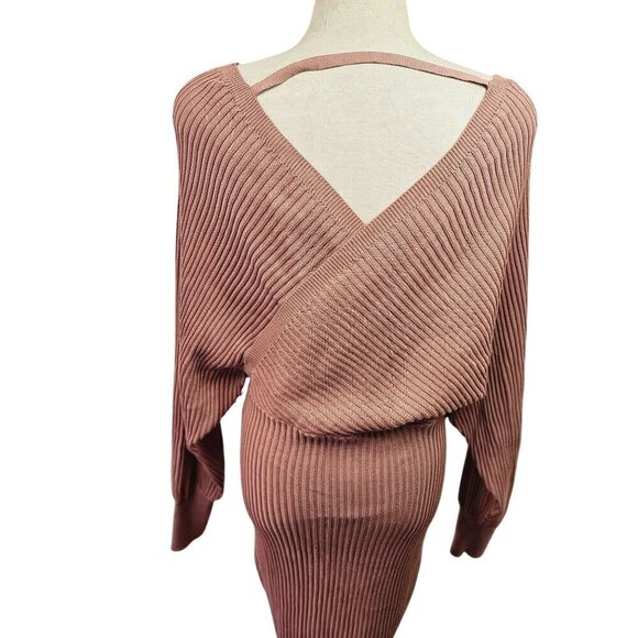 Love Tree Blush Pink Sweater Dress Sz L Blouson Waist Off Shoulder Surplice Neck - Picture 9 of 10